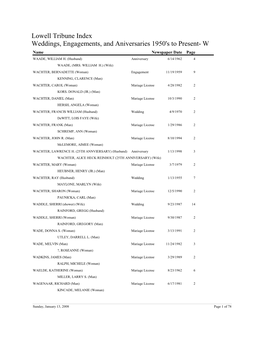 Weddings, Engagements, and Aniversaries 1950'S to Present- W Lowell Tribune Index