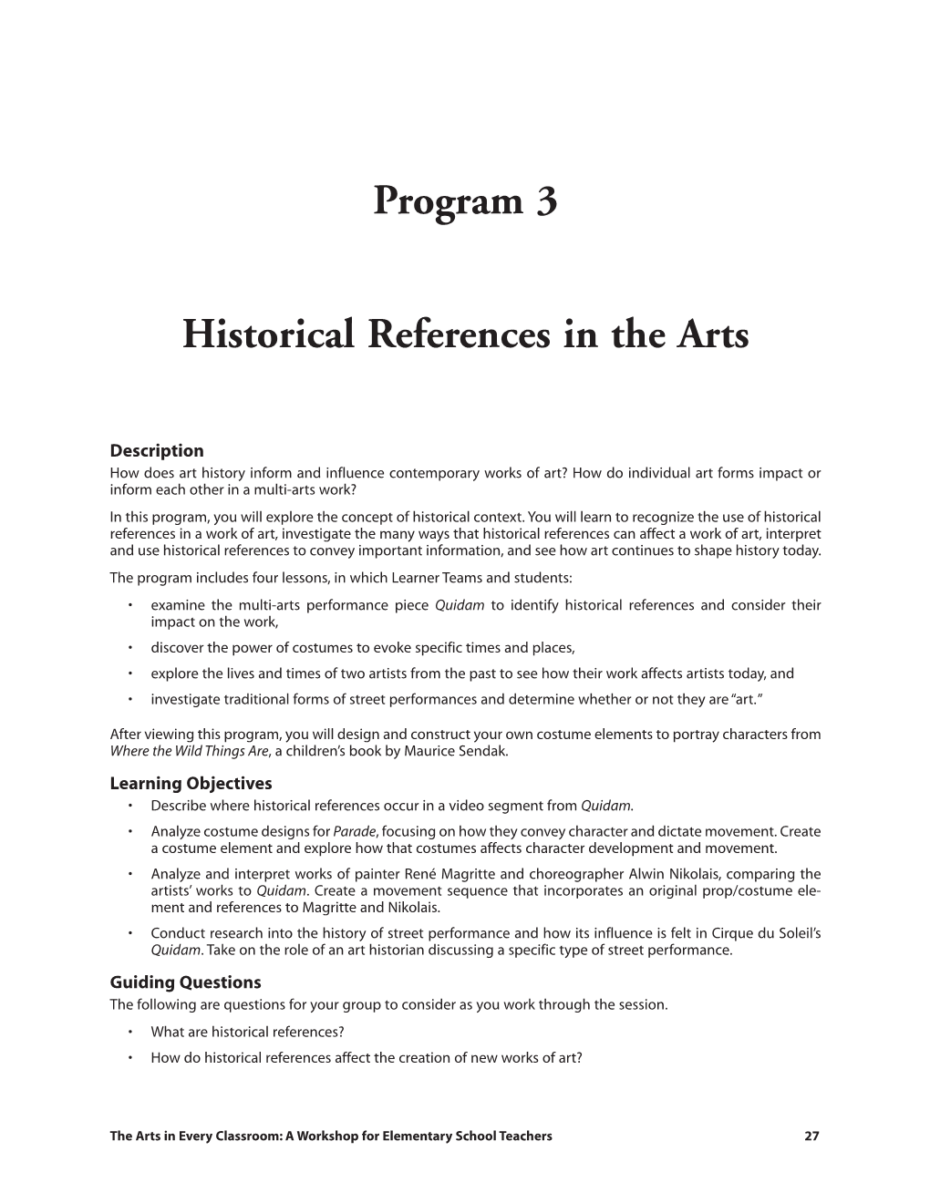 Course Guide Program 3. Historical References in the Arts
