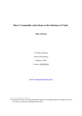 Marx's Commodity and Labour As the Substance of Value*