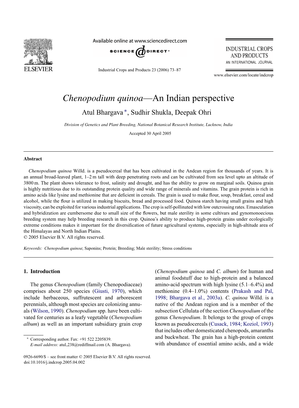 Chenopodium Quinoa—An Indian Perspective Atul Bhargava ∗, Sudhir Shukla, Deepak Ohri