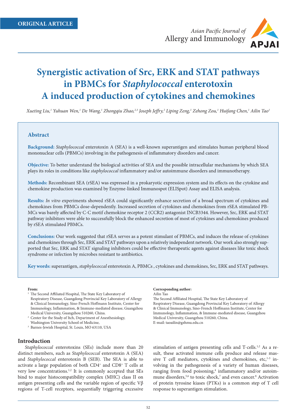 Synergistic Activation of Src, ERK and STAT Pathways in Pbmcs for Staphylococcal Enterotoxin a Induced Production of Cytokines and Chemokines