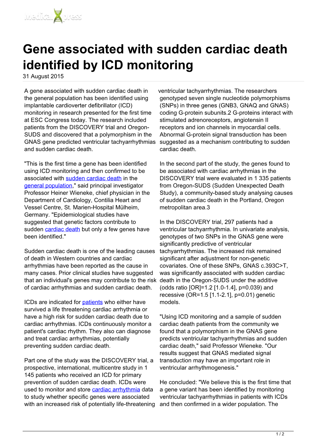 Gene Associated with Sudden Cardiac Death Identified by ICD Monitoring 31 August 2015