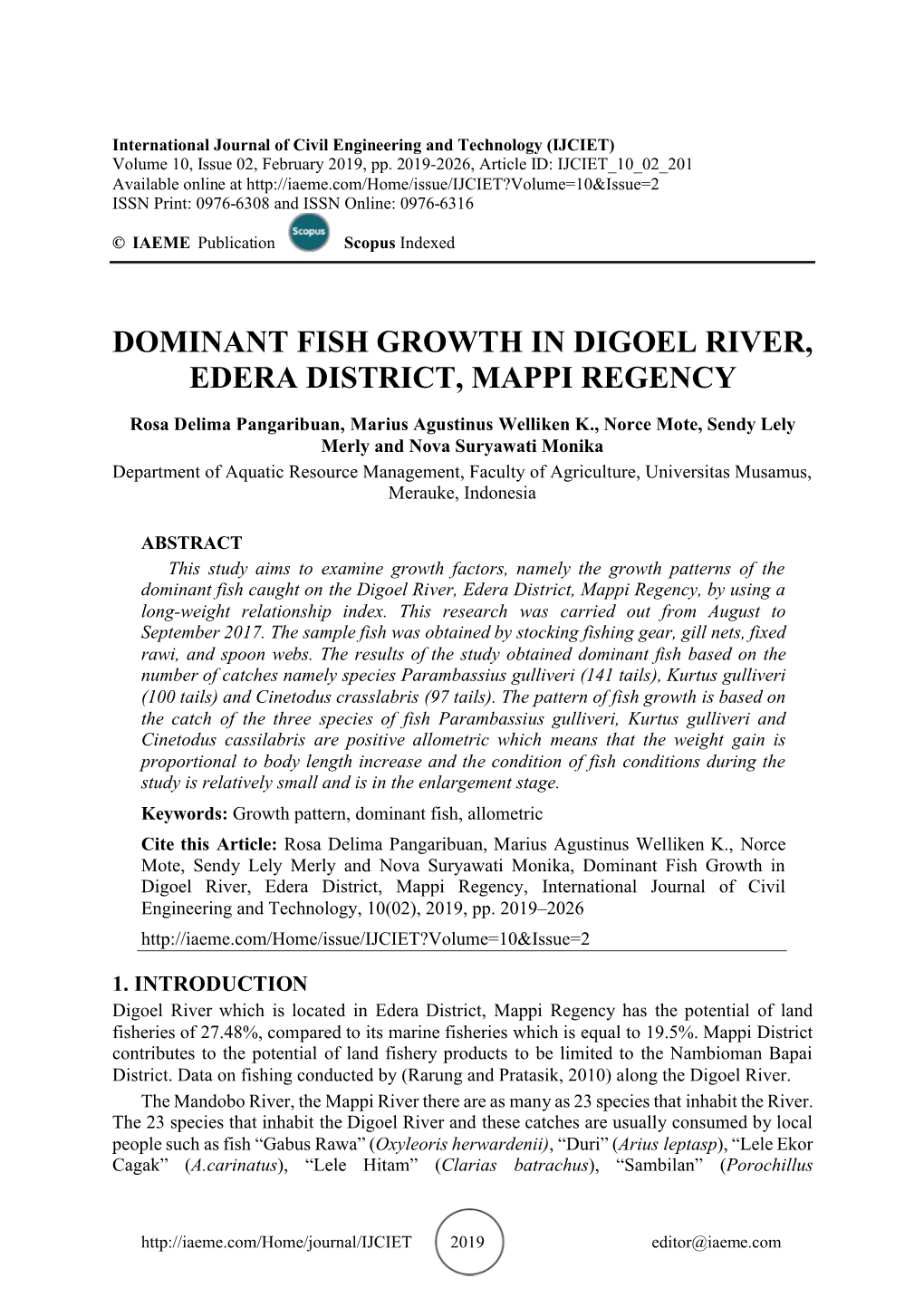 Dominant Fish Growth in Digoel River, Edera District, Mappi Regency