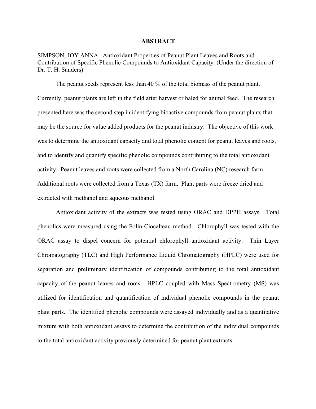 ABSTRACT SIMPSON, JOY ANNA. Antioxidant Properties of Peanut