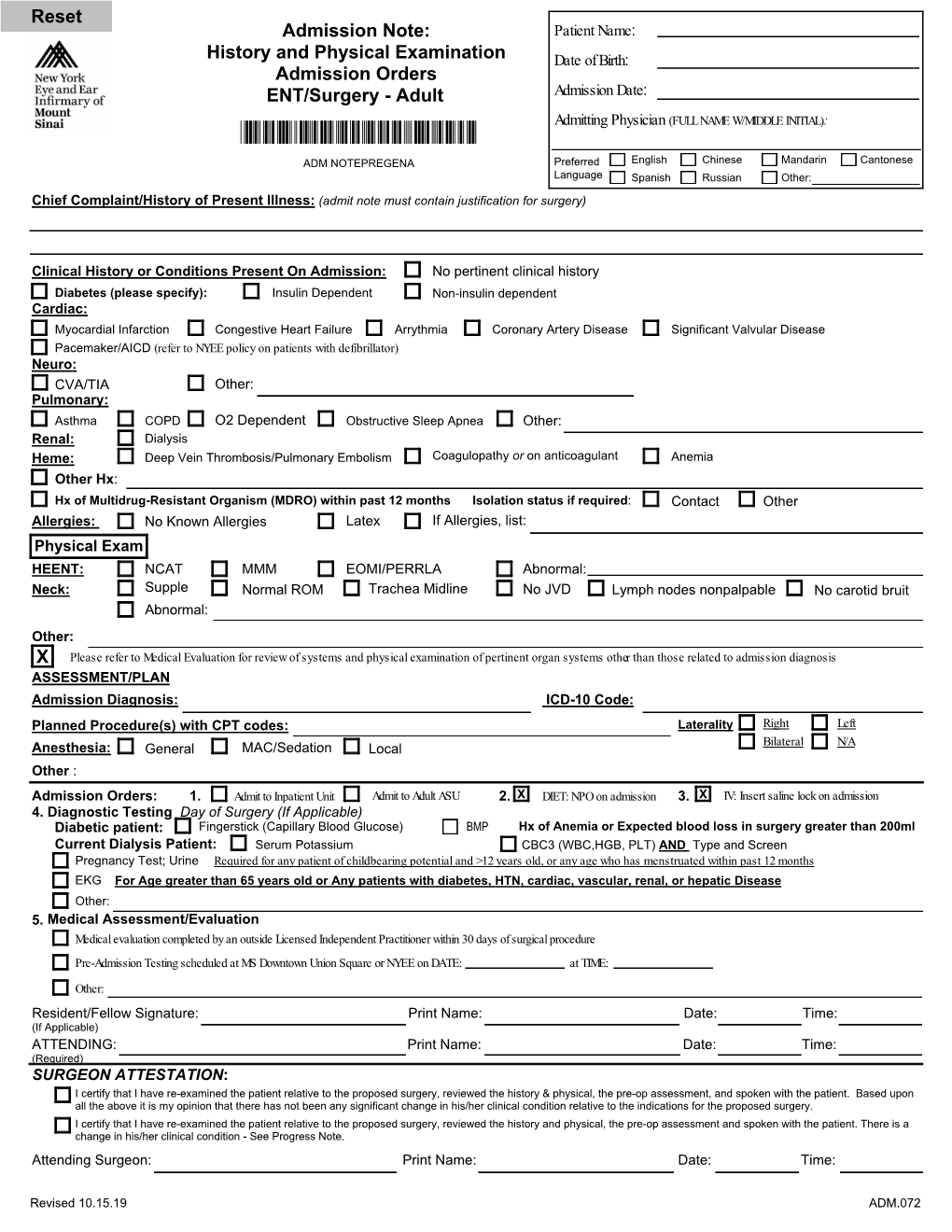 History and Physical Examination Admission Orders ENT/Surgery