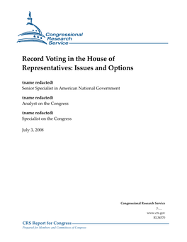 Record Voting in the House of Representatives: Issues and Options
