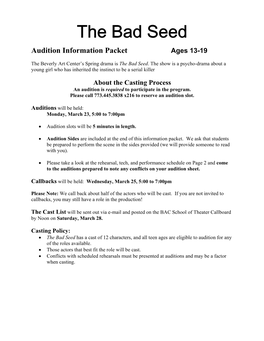 The Bad Seed Audition Information Packet Ages 13-19