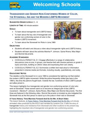 Transgender and Gender Non-Conforming Women of Color, the Stonewall Inn and the Modern Lgbtq Movement