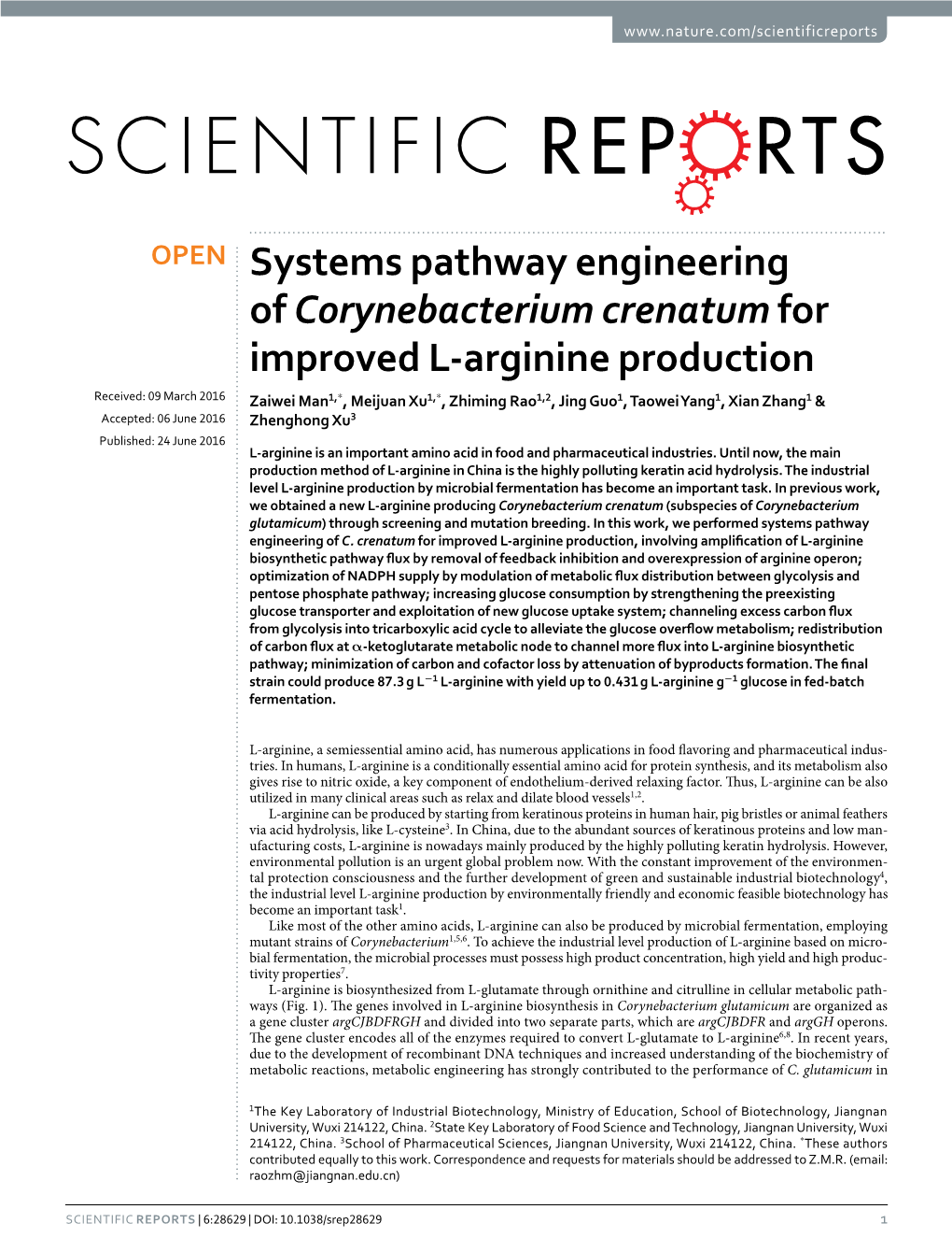 Systems Pathway Engineering of Corynebacterium Crenatum for Improved L-Arginine Production