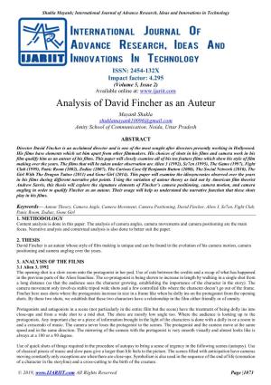 Analysis of David Fincher As an Auteur Mayank Shukla Shuklamayank10096@Gmail.Com Amity School of Communication, Noida, Uttar Pradesh
