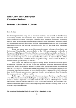 John Cabot and Christopher Columbus Revisited Francesc Albardaner I Llorens