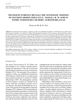 Multigene Evidence Reveals the Systematic Position of Pleurocladopsis Simulans (C