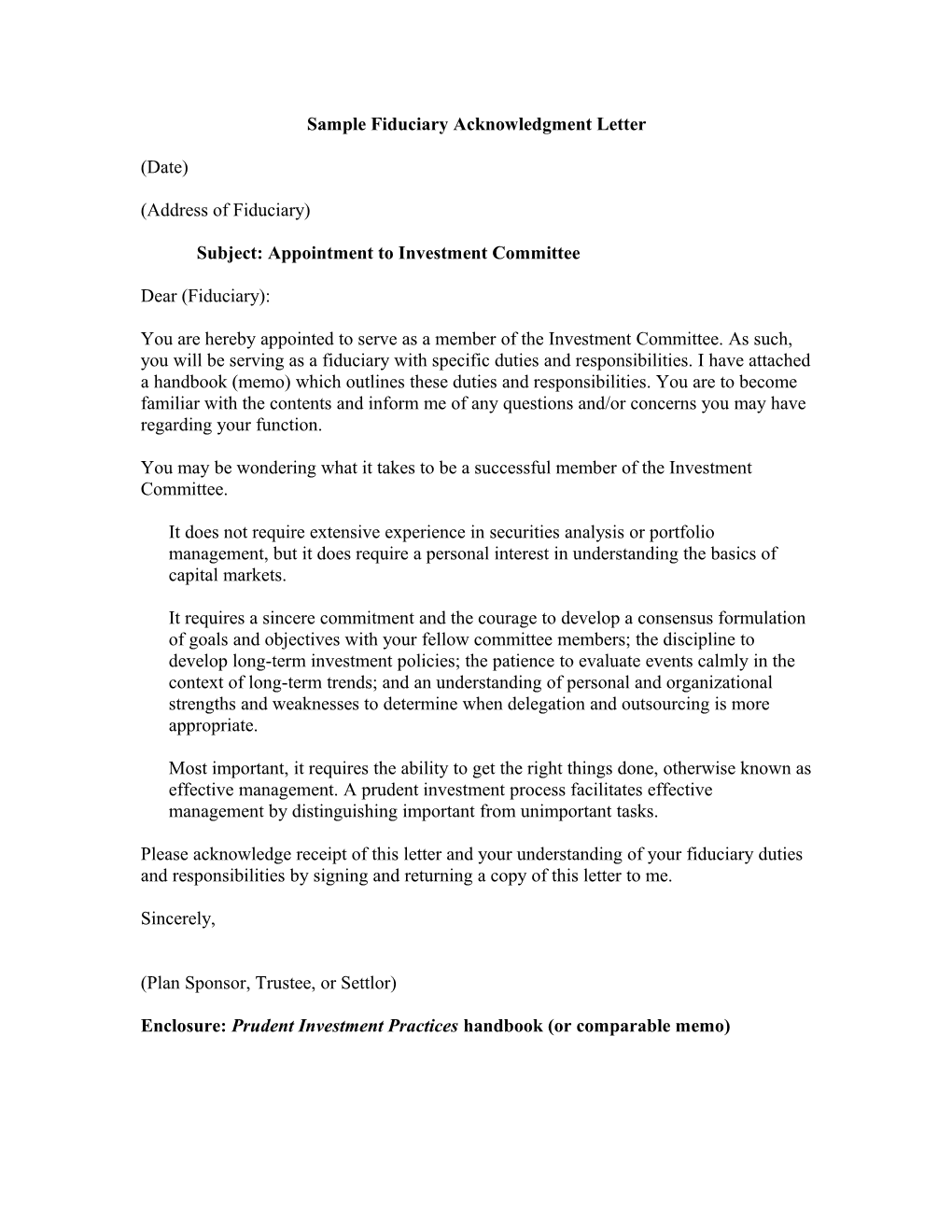 Sample Fiduciary Acknowledgment Letter