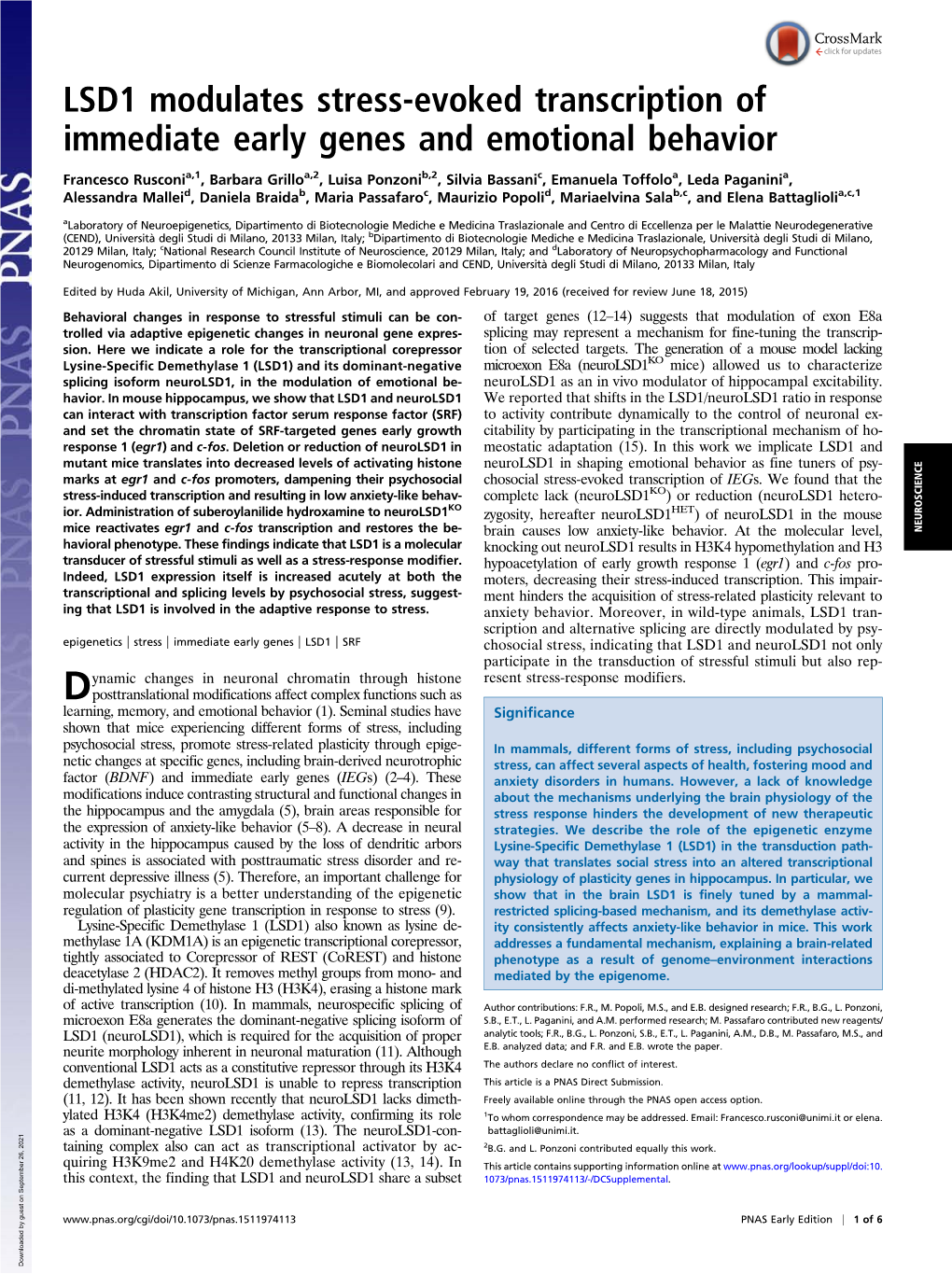 LSD1 Modulates Stress-Evoked Transcription of Immediate Early Genes and Emotional Behavior