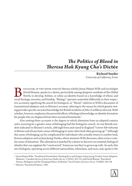 The Politics of Blood in Theresa Hak Kyung Cha's Dictée