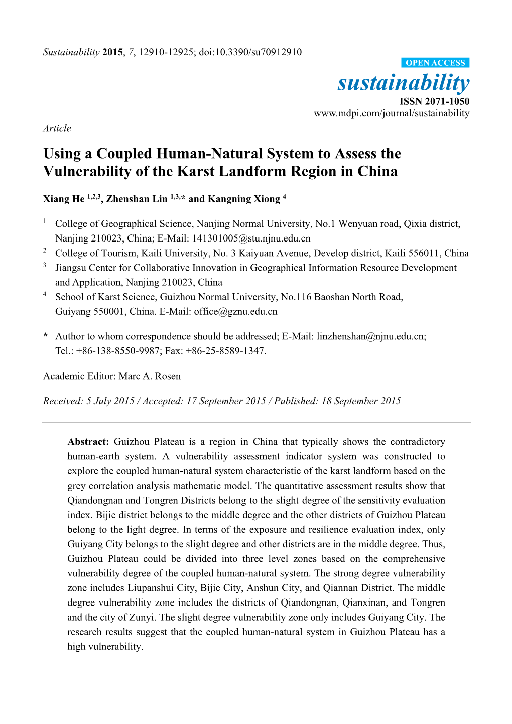 Using a Coupled Human-Natural System to Assess the Vulnerability of the Karst Landform Region in China