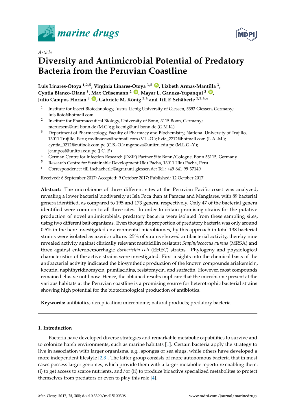 Diversity and Antimicrobial Potential of Predatory Bacteria from the Peruvian Coastline