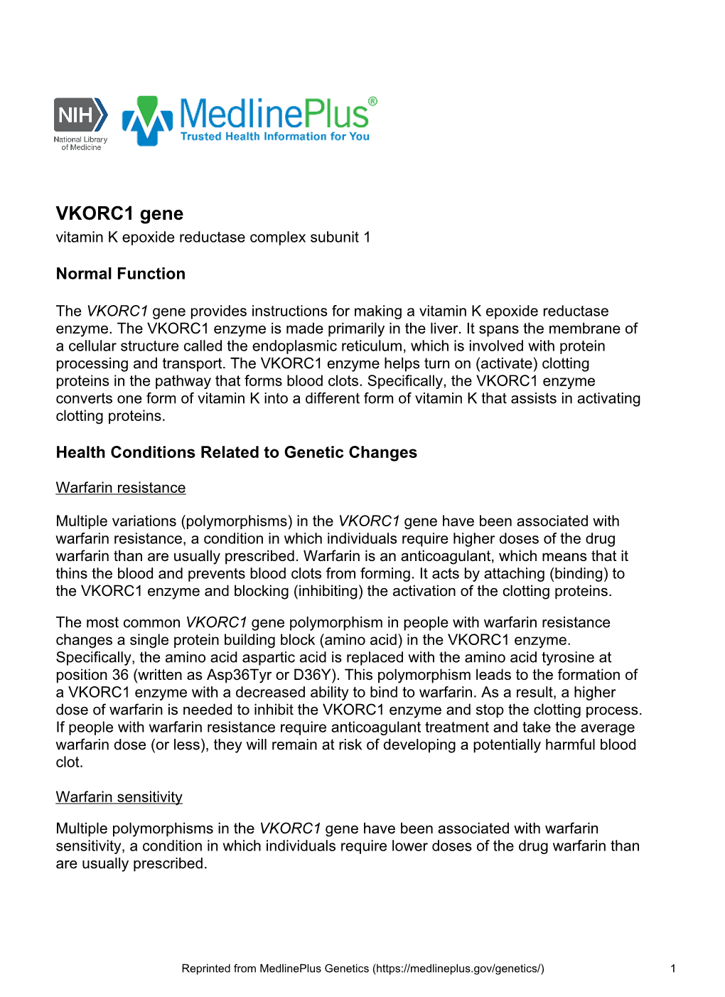 VKORC1 Gene Vitamin K Epoxide Reductase Complex Subunit 1