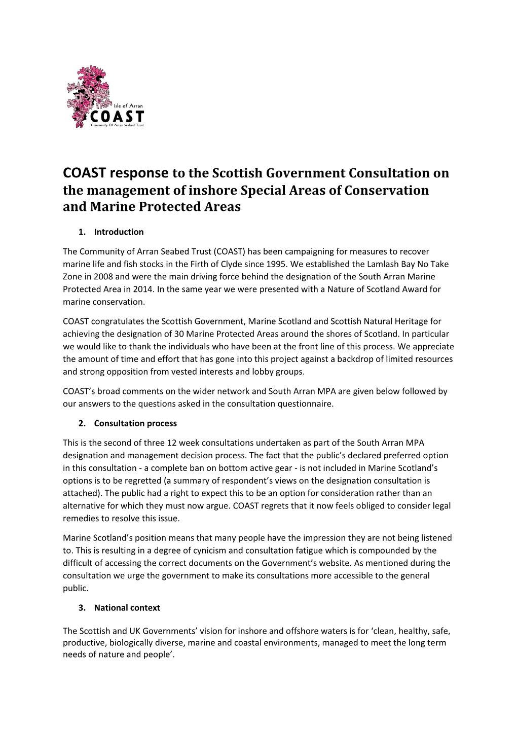 COAST Response to the Scottish Government Consultation on the Management of Inshore Special Areas of Conservation and Marine Protected Areas