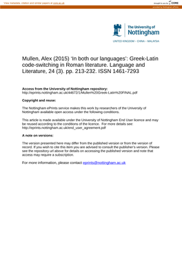 Greek-Latin Code-Switching in Roman Literature. Language and Literature, 24 (3)