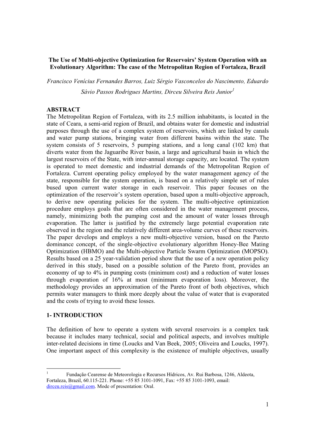 1 the Use of Multi-Objective Optimization for Reservoirs' System Operation with an Evolutionary Algorithm