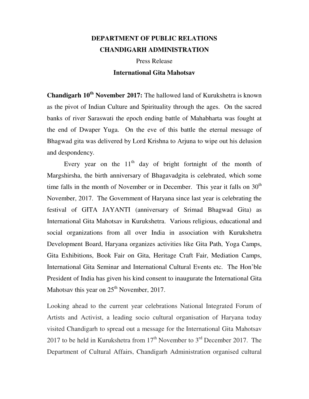 DEPARTMENT of PUBLIC RELATIONS CHANDIGARH ADMINISTRATION Press Release International Gita Mahotsav Chandigarh 10 November 2017