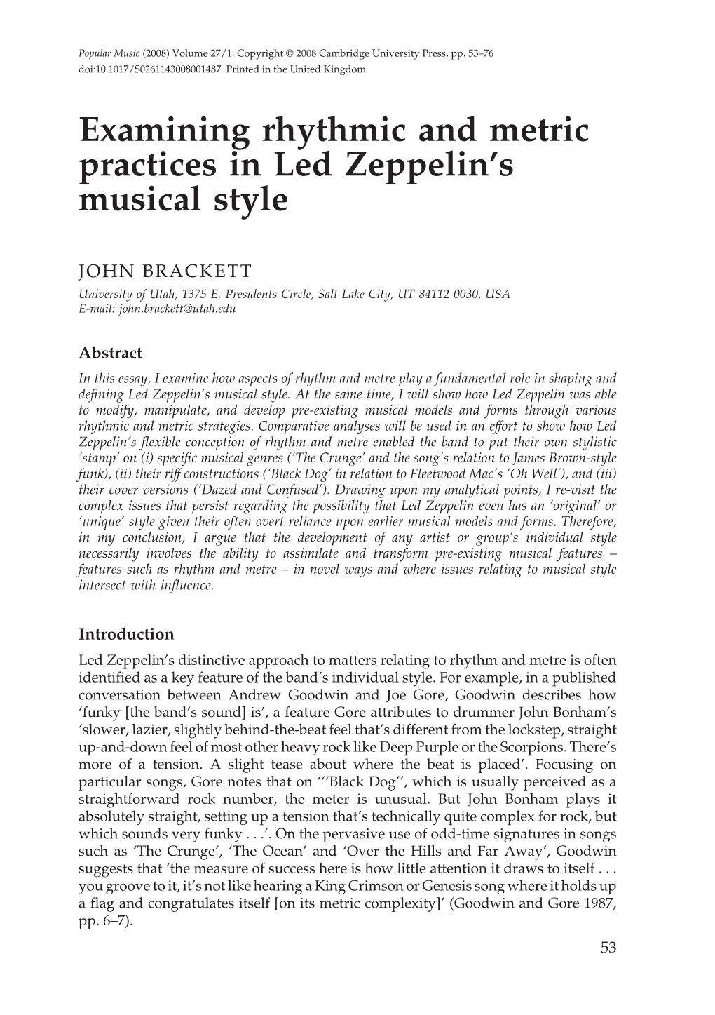 Examining Rhythmic and Metric Practices in Led Zeppelin's Musical