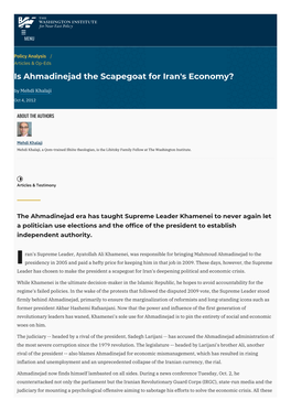 Is Ahmadinejad the Scapegoat for Iran's Economy? by Mehdi Khalaji