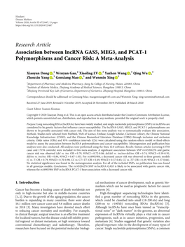 Research Article Association Between Lncrna GAS5, MEG3, and PCAT-1 Polymorphisms and Cancer Risk: a Meta-Analysis