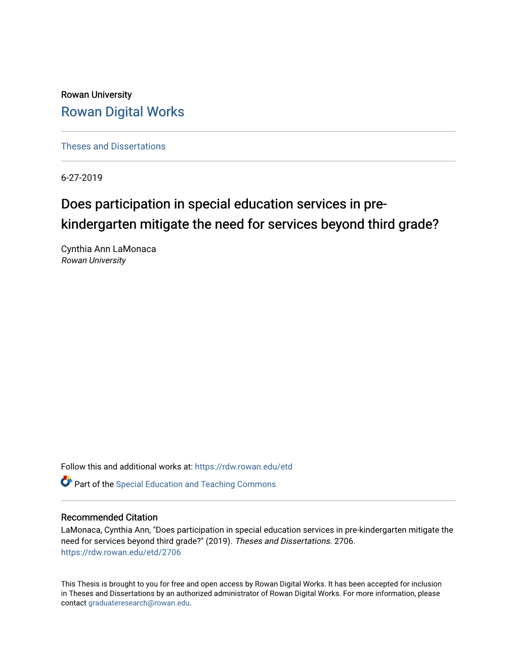 Does Participation in Special Education Services in Pre-Kindergarten Mitigate the Need for Services Beyond Third Grade?