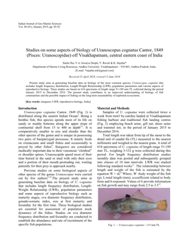 Studies on Some Aspects of Biology of Uranoscopus Cognatus Cantor, 1849 (Pisces: Uranoscopidae) Off Visakhapatnam, Central Eastern Coast of India