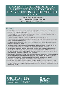 Maintaining the Uk Internal Market for Food Standards