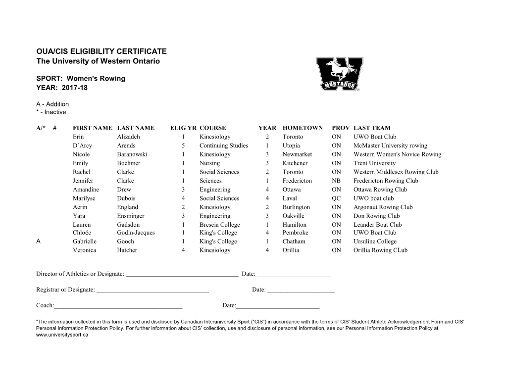 OUA/CIS ELIGIBILITY CERTIFICATE the University of Western Ontario