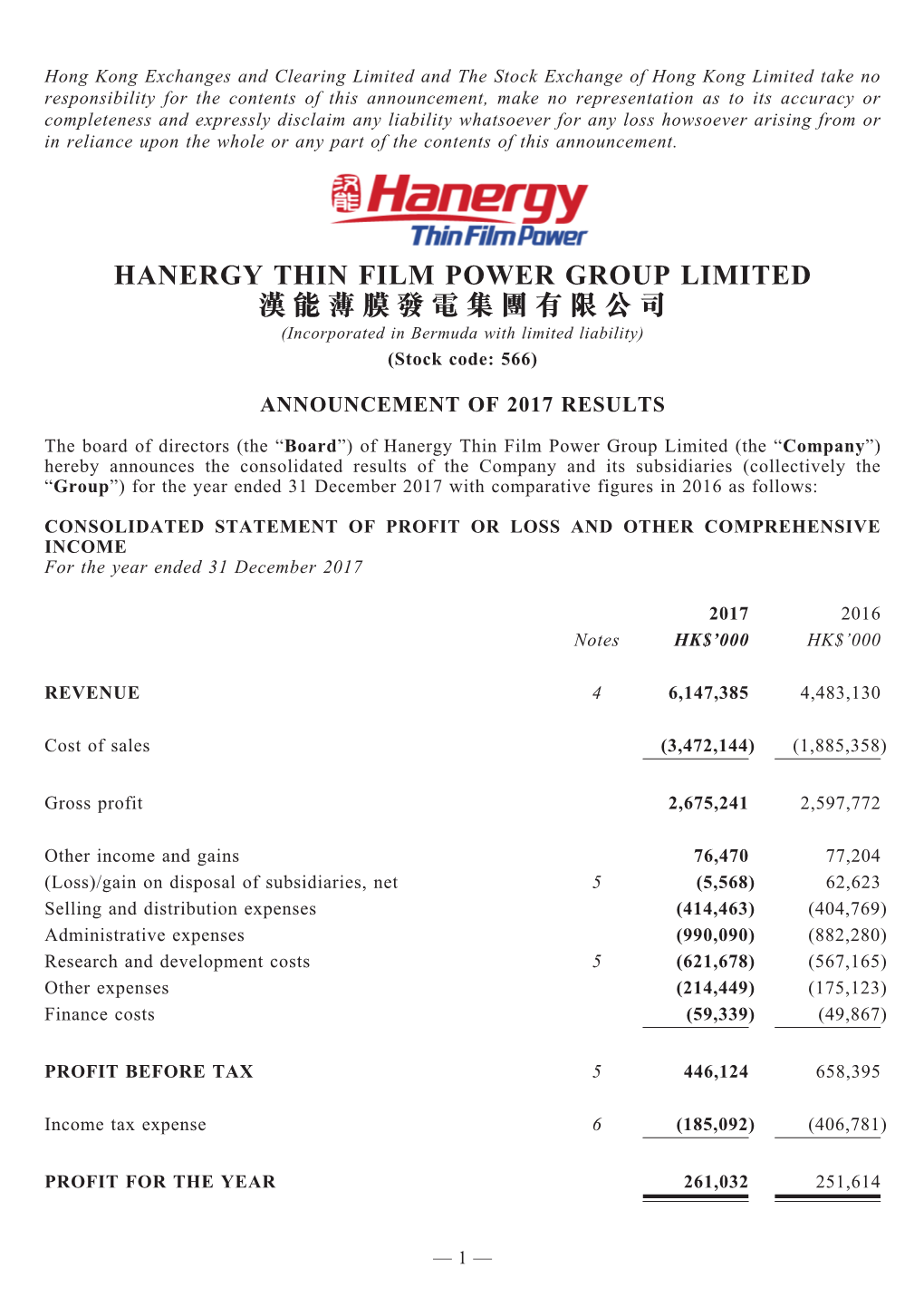 HANERGY THIN FILM POWER GROUP LIMITED 漢 能 薄 膜 發 電 集 團 有 限 公 司 (Incorporated in Bermuda with Limited Liability) (Stock Code: 566)