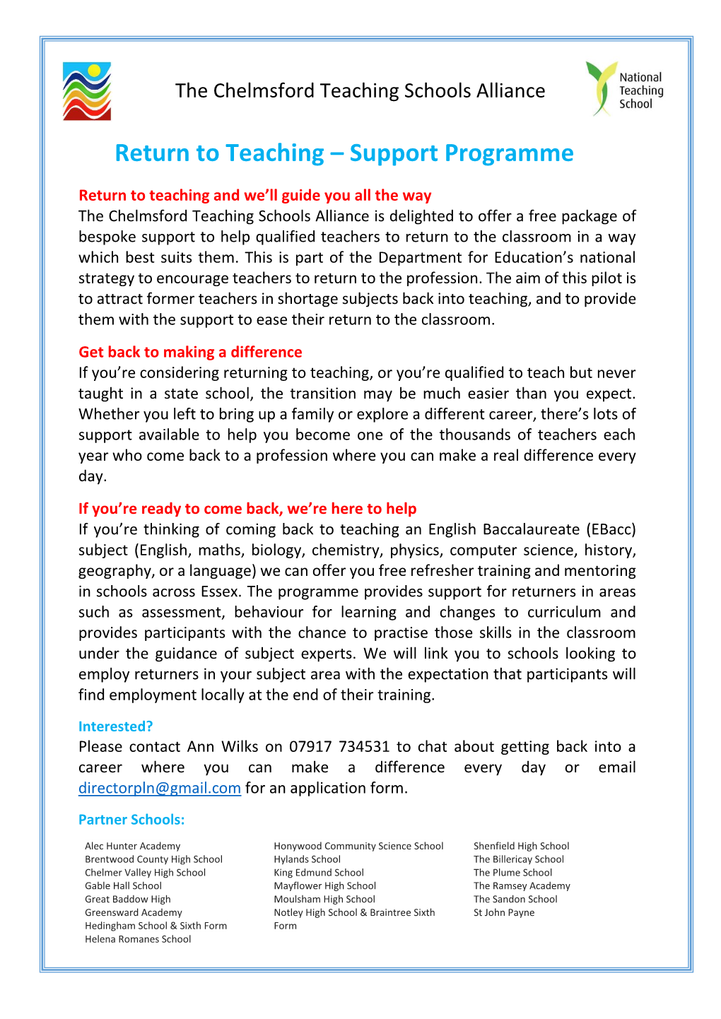 Return to Teaching – Support Programme