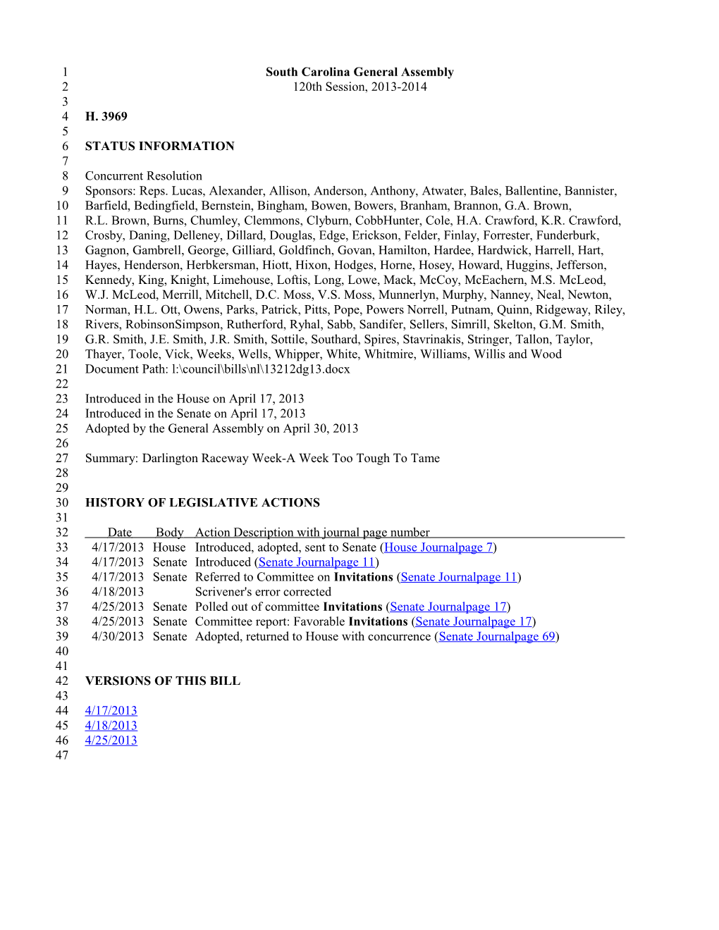 2013-2014 Bill 3969: Darlington Raceway Week-A Week Too Tough to Tame - South Carolina