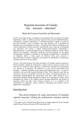 Regional Museums of Canada: City – Museum – Education Introduction