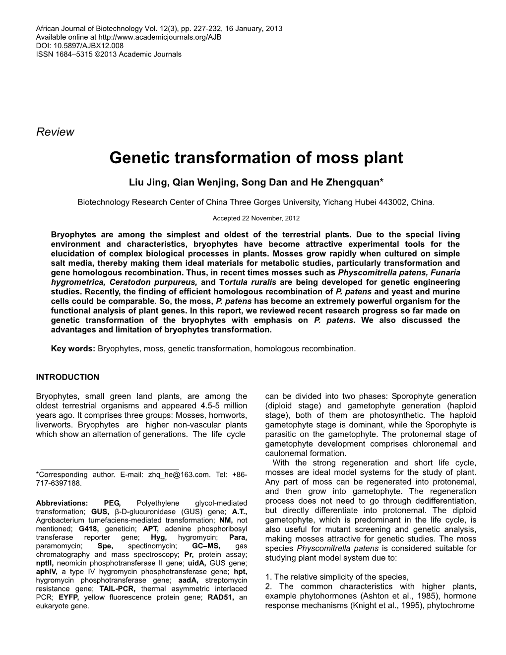 Genetic Transformation of Moss Plant