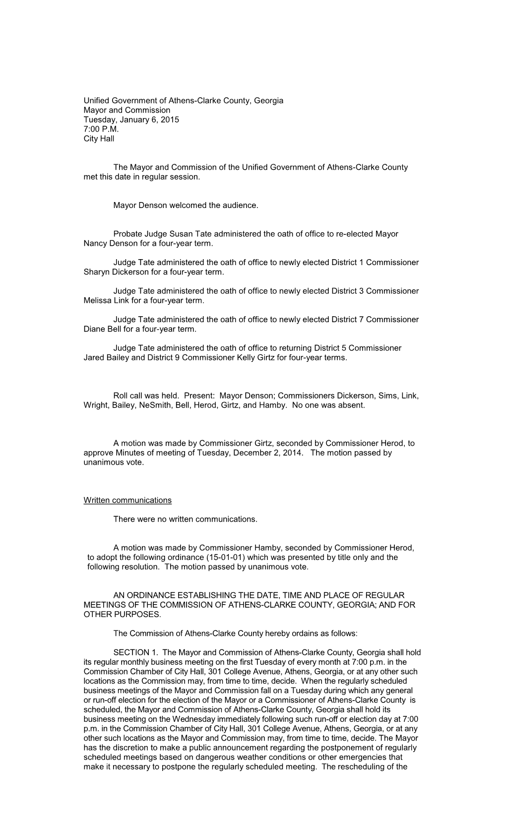 Unified Government of Athens-Clarke County, Georgia Mayor and Commission Tuesday, January 6, 2015 7:00 P.M