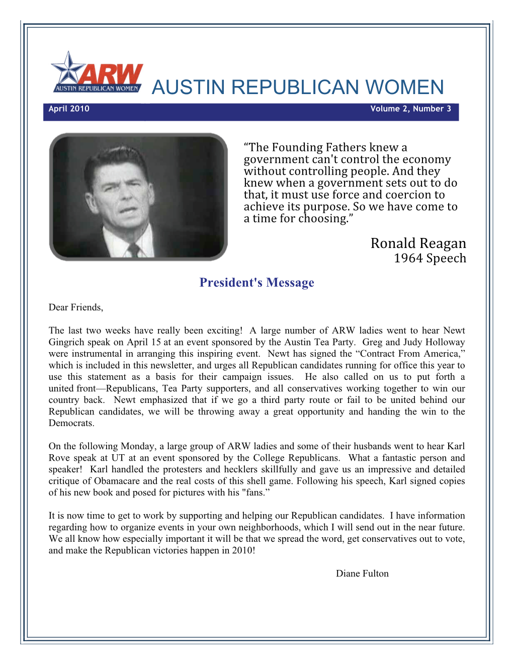 AUSTIN REPUBLICAN WOMEN April 2010 Volume 2, Number 3