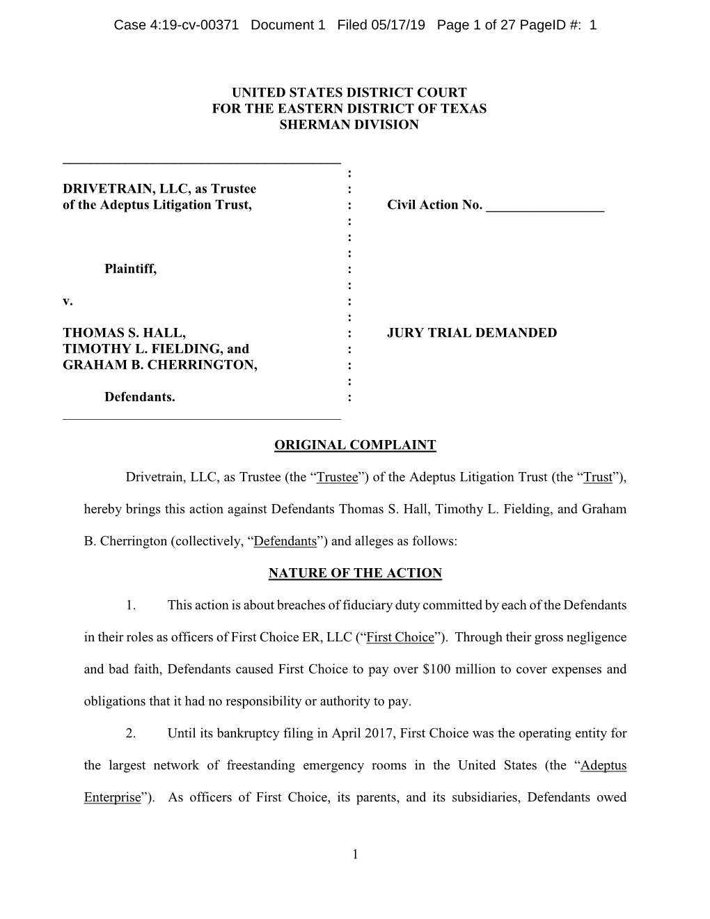 Case 4:19-Cv-00371 Document 1 Filed 05/17/19 Page 1 of 27 Pageid #: 1