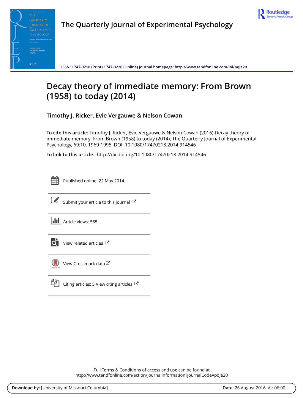 Decay Theory of Immediate Memory: from Brown (1958) to Today (2014)