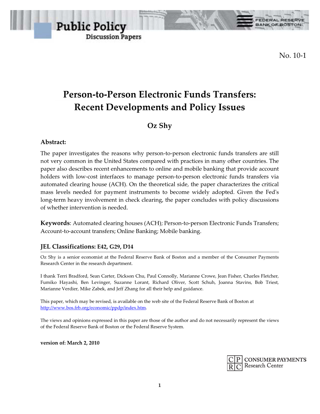 Person-To-Person Electronic Funds Transfers: Recent Developments and Policy Issues