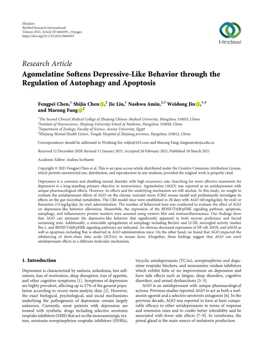 Agomelatine Softens Depressive-Like Behavior Through the Regulation of Autophagy and Apoptosis