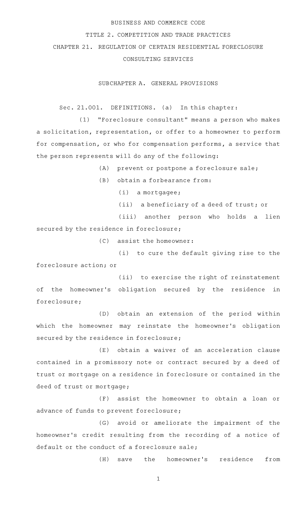 Business and Commerce Code Chapter 21. Regulation Of