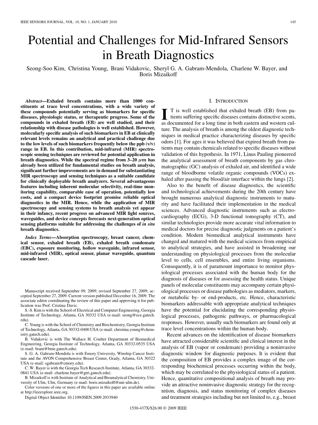 Potential and Challenges for Mid-Infrared Sensors in Breath Diagnostics Seong-Soo Kim, Christina Young, Brani Vidakovic, Sheryl G