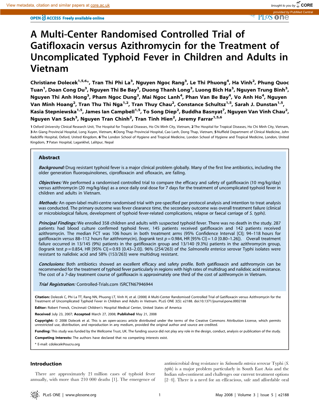 A Multi-Center Randomised Controlled Trial of Gatifloxacin Versus Azithromycin for the Treatment of Uncomplicated Typhoid Fever in Children and Adults in Vietnam