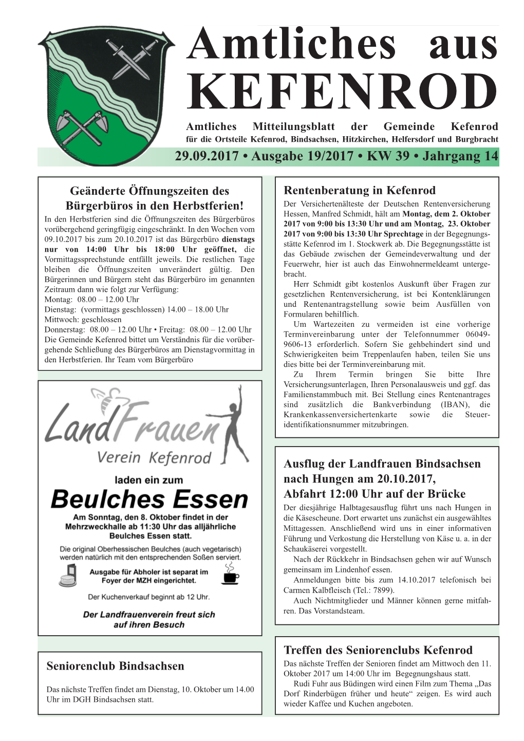 Kefenrod, Bindsachsen, Hitzkirchen, Helfersdorf Und Burgbracht 29.09.2017 • Ausgabe 19/2017 • KW 39 • Jahrgang 14