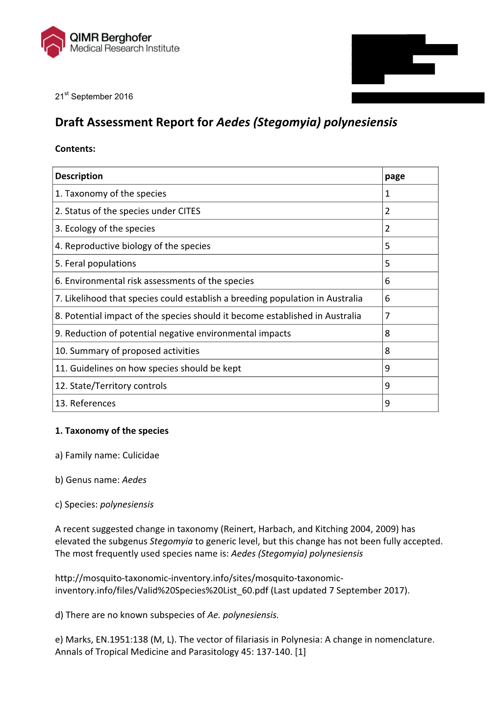 Draft Assessment Report for Aedes (Stegomyia) Polynesiensis