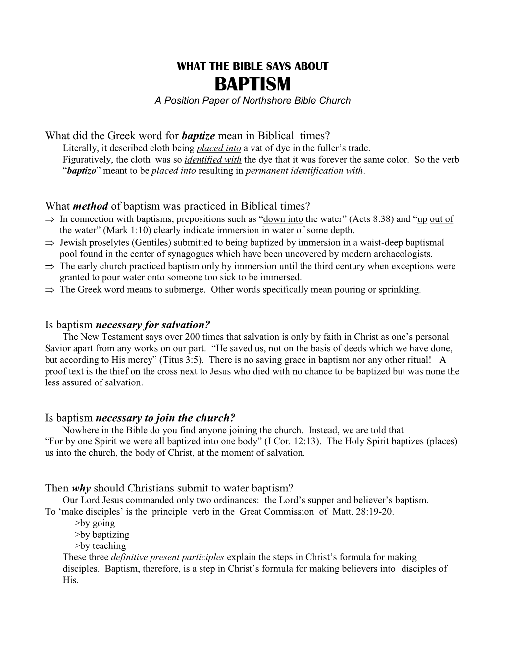 BAPTISM a Position Paper of Northshore Bible Church